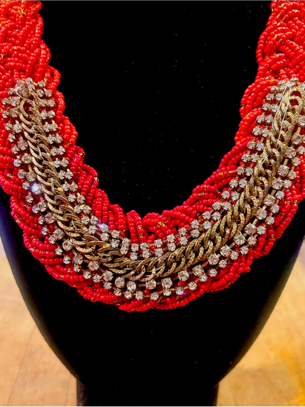 Red Beaded Multi-Strand Statement Necklace with Gold Chain and Rhinestones